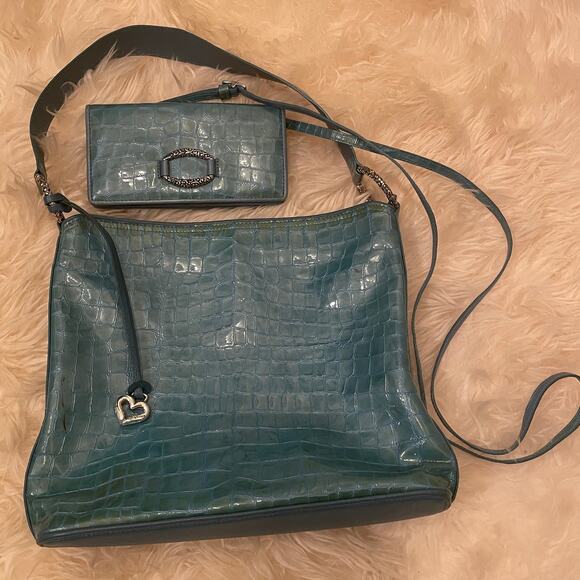 Brighton Cher Croc-Embossed Shoulder Bag Set | Turquoise Patent, Wallet + Strap - Picture 15 of 16
